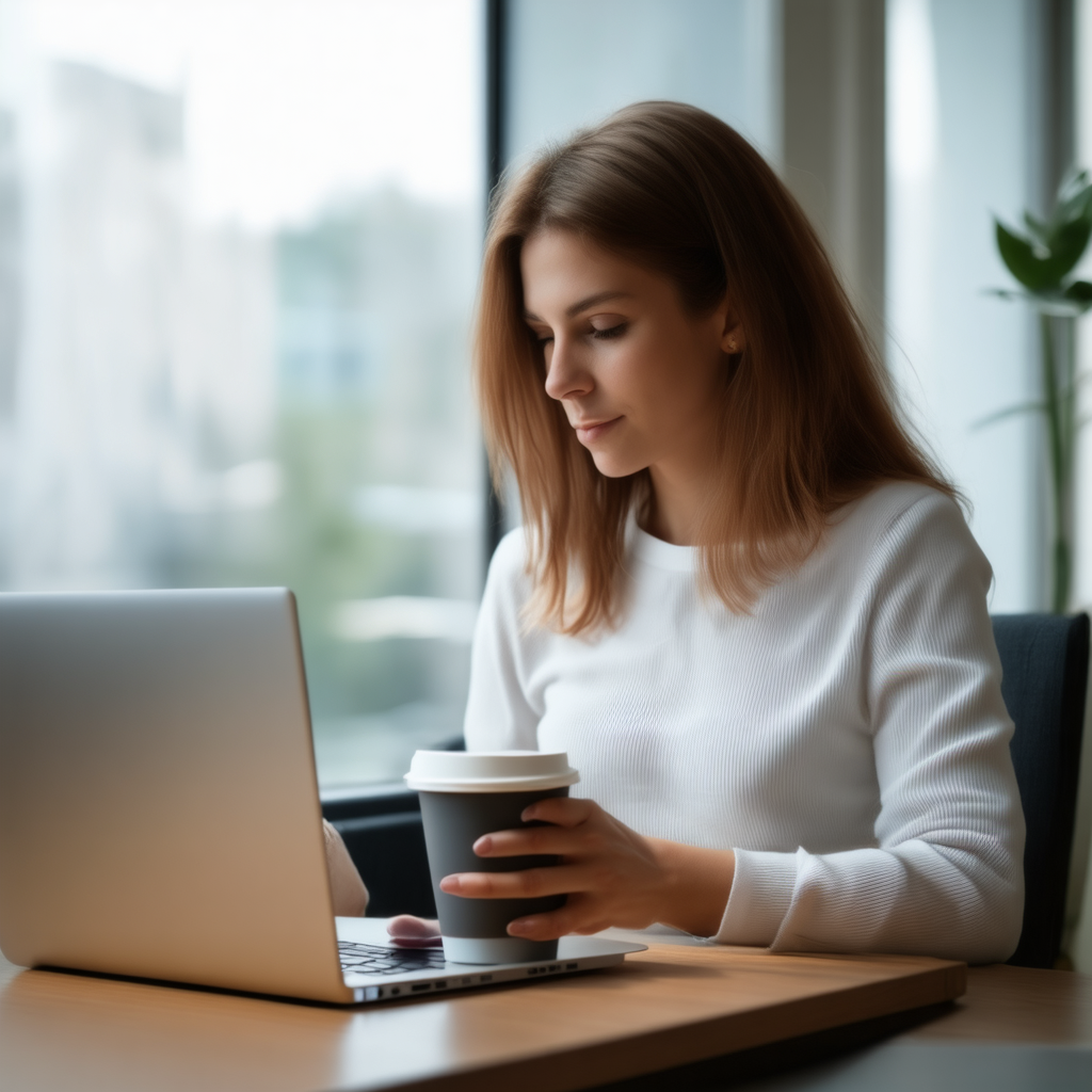 SD3.5 Medium woman dev with cup on laptop and finger piercing through cup